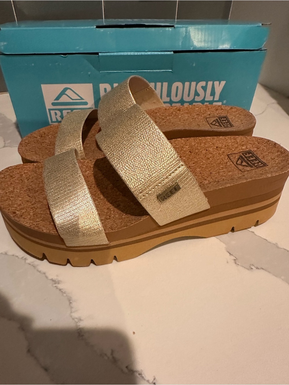 Reef Vista Higher Women's Metallic Gold Double-Strap Platform Slide